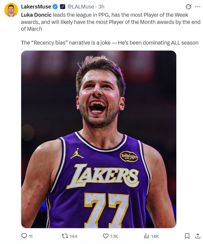 东契奇砍32分难救主 湖人惜败活塞终结9连胜